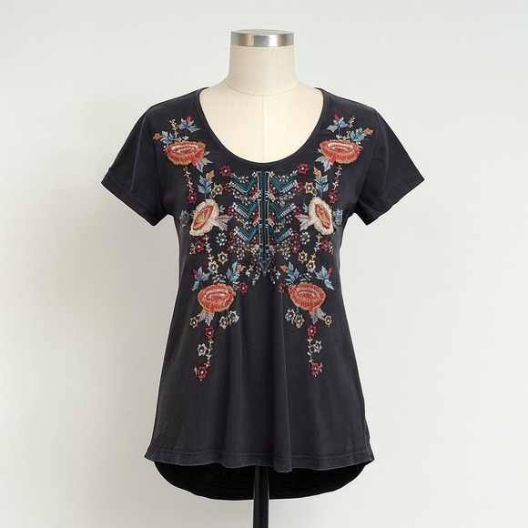 CAITE Embroidered Top Womens Large Black Floral Bohemian Cotton Short Sleeve - Picture 1 of 10